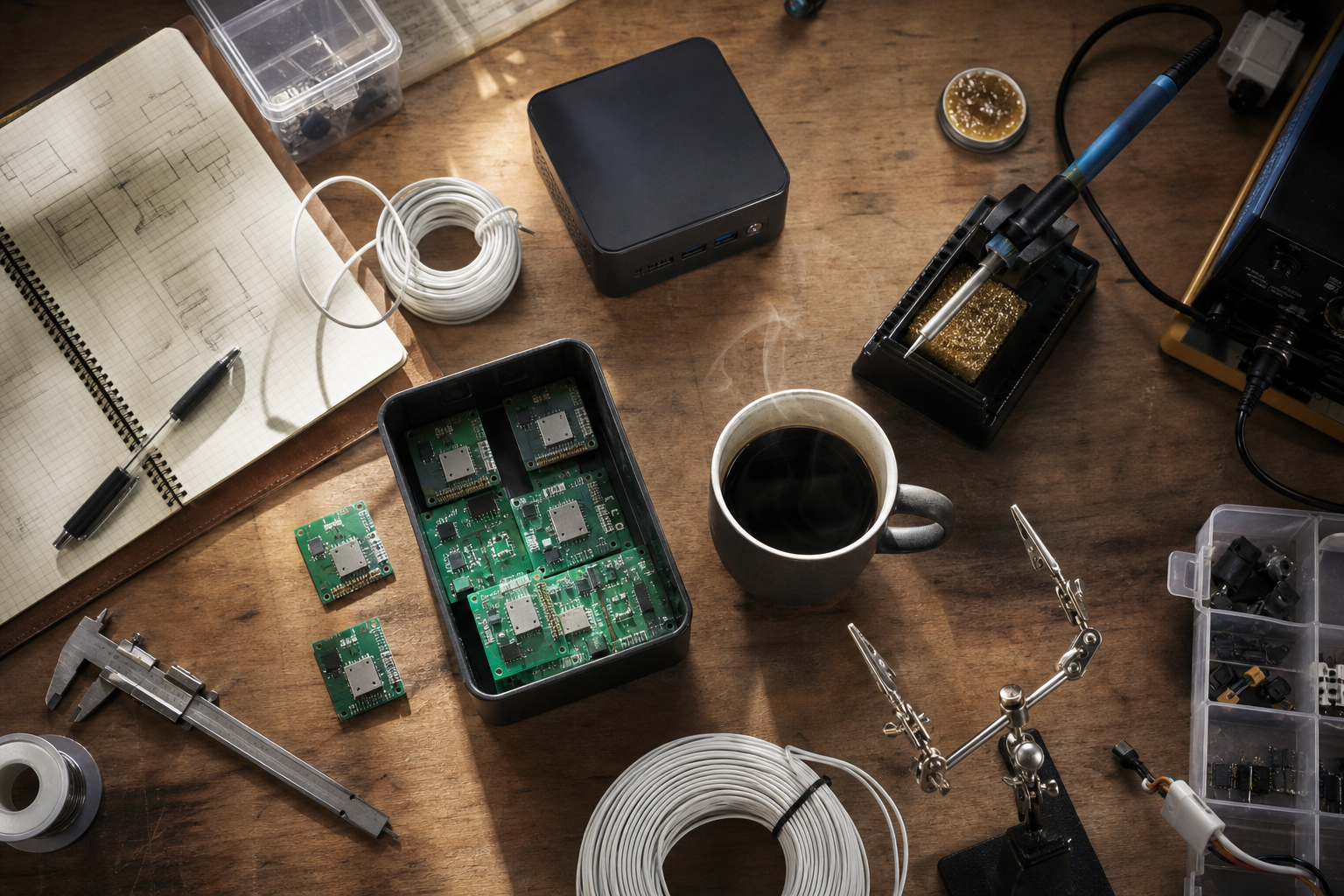 Electronics workbench with circuit boards, mini PC, wire, soldering tools, and coffee
