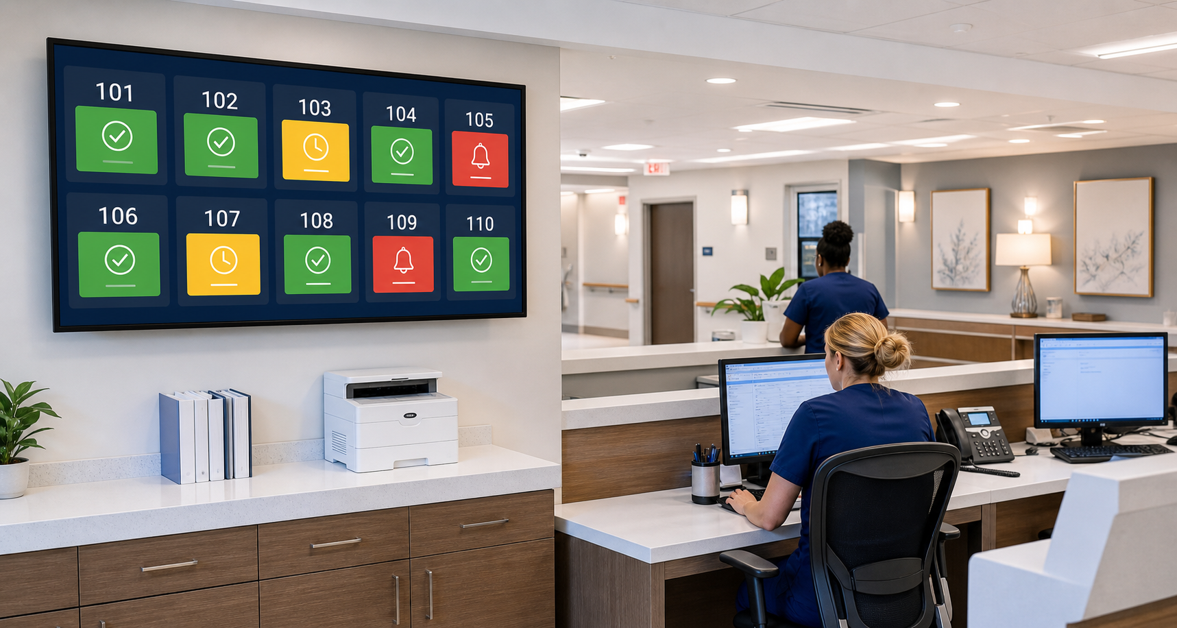 Assisted living nurse station with room status grid